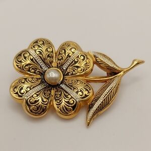 Damascene Flower Fx Pearl Gold Silver Spain Floral Brooch Pin